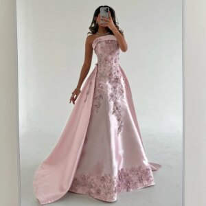 Detail Women’s Evening Ball Gowns Satin A-line Valentine’s Day Dress Pink Strapless Embroidery Applique Train Party Dress Long