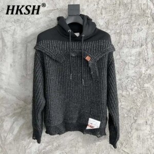 HKSH Spring Autumn Winter New Men’s Tide Knitted Sweater Hooded Deconstruction Splicing Sweater Fake Two Pieces Hoodies HK2350