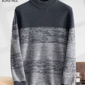 BirdTree, 35% Cashmere 65% Wool Thick Sweater, Men Mock Neck Striped, Business Versatile Pullover, 2024 Autumn Winter T47964QC