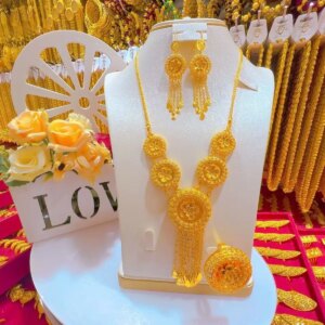 New Dubai 24K Gold Plated Necklace, Earrings, Rings, Romantic Wedding Party Anniversary Gift Jewelry Set for Women YY10521