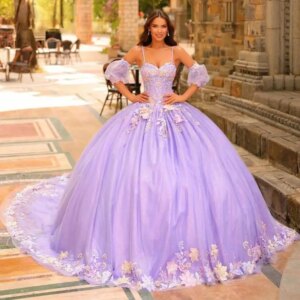 Customized Lavender Purple Flower with Lantern Sleeve 15 Quinceanera Ball Gown Spaghetti Straps Court Train Vestido De