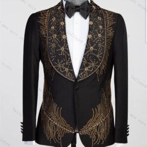 Golden Crystals Men Suit Set 2 Pieces Blazer+Pant Formal Work Office Male Jacket Prom Cotton Coat Trousers Groom Wedding Tuxedos