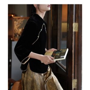 Printing color velvet new Chinese style blouse female silkworm silk stand collar seven points sleeve disc button shirt