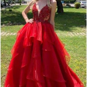 Luxurious Ruby Puffy Prom Dresses V Neck Organza Backless Lace Appliques Birthday Party Gowns Vestidos Festa Robe De Soiree