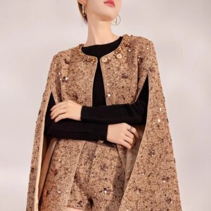 New heavy sequin neckline beaded design floral coat cape lady