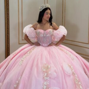 Customized Pink Quinceanera Dress Off Shoulder Tull applique crystal 3D BIG flower Long tail Bow vestidos de 15 Quinceanera