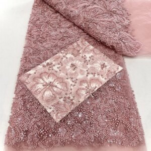 African Beaded Lace Fabric French Heavy Lace Fabric 2025 High Quality French Sequins Beads Fabric For Women Wedding Dress