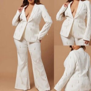 White Notched Lapel Women 2 Pieces Jacket Pants Plus Size Pearls Blazer Slim Fit Pocket One Button Daily Dresses