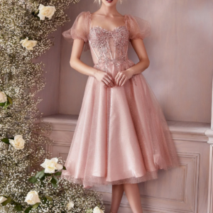 Sparkly Square Collar Puff Sleeve Girl’s Prom Dresses Tulle A-line Tea-Length Backless Homecoming Dress With Appliques Sequins