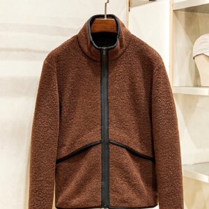 New men’s fashion thickened wool 100 stand collar casual color contrast zipper hoodie coat