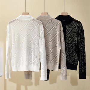 Spring and Summer New Cardigan Beaded Yarn Zipper All-match Rhombic Hollow Knit Top for Women