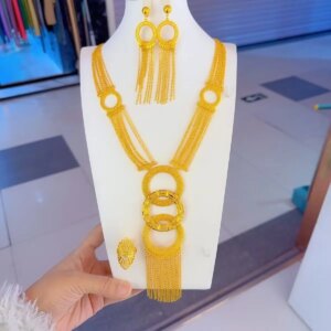 Dubai New 24K Gold Plated Necklace, Earrings, Rings for Women’s Romantic Wedding Parties, Jewelry Set for Mothers YY10550