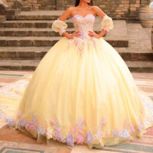 Customized Yellow Quinceanera Dresses Ball Gown Off The Shoulder Applique Lace Bow Tull Party Birthday Sweet 16 Vestido De 15