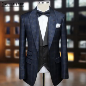 Dark Blue Checked Men’s Suits Fashion 2 Pieces Sets Groom Prom Blazers Decoration Tuxedos Men