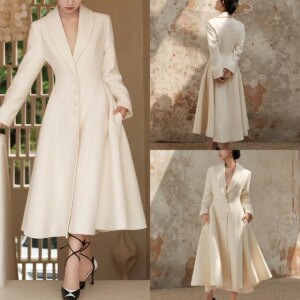 Vintage Woolen Blazer Dress Women A Line White Formal Outwear Overcoat Shawl Lapel Customized Evening Party Celebrity Outfits