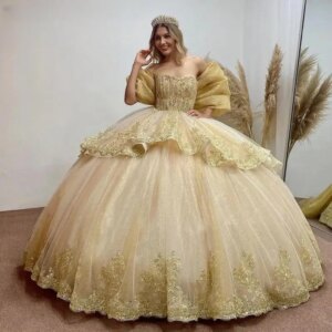 Customized Golden Sparkly Off the Shoulder 15 Quinceanera Ball Gown Beads with Bow Cape Lace Appliques Vestidos De Graduaction