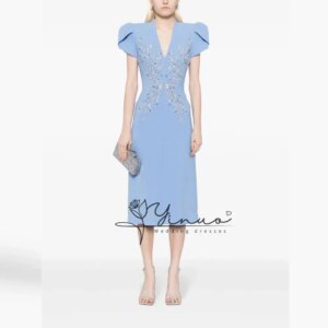 customized V-Neck Short-Sleeves Zipper-Up Sequins Simple Tea-Length Saudi Arabia Sexy Evening Birthday Club Outfits Summer