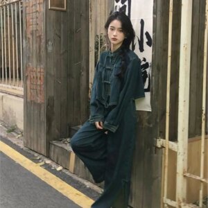 New Chinese-style set hand-buttoned cardigan women’s high-waisted lace-up split trousers Hanfu