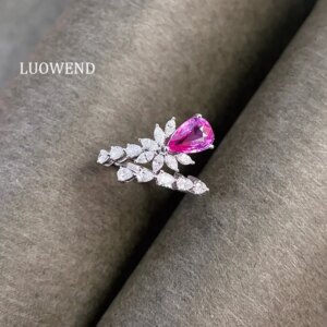 LUOWEND 100% 18K White Gold Rings Romantic Shiny Style Luxury Diamond Natural Pink Sapphire Ring for Women High Wedding Jewelry