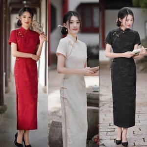 Retro Chinese Style Traditional Long Short Sleeve Robe Qi Pao     Song Dynasty Brocade Banquet Cheongsam