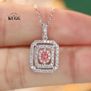 KUGG 100% 18K White Gold Necklace Fashion Square Design Real Natural Pink Diamond Pendant Necklace for Women High Party Jewelry