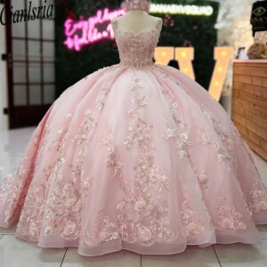 Pink Ball Gown Quinceanera Dresses Lace Appliqued Crystal Sweet 15 16 Dress Vestidos De 15 Quinceañera