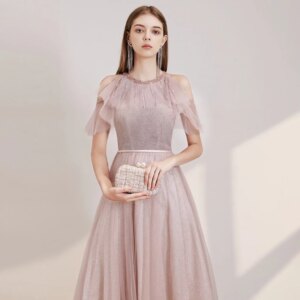 Shiny Pink Evening Dress Halter A Line Lace Up Ruffle Sleeve Tulle Backless Beading Sequined Wedding Graduation Party Prom Gowns