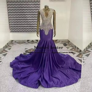 Sparkly Crystals Beading Mermaid Prom Gown Customized O Neck Satin Evening Party Dresses For Black Girls Second Reception Dress