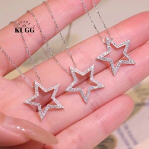 KUGG 100% 18K White Gold Necklace Fashion Star Shape 0.26carat Real Natural Diamond Pendant Necklace for Women Wedding Jewelry