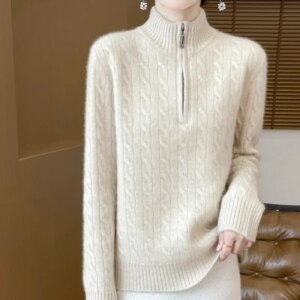 100% Pure Woolen Sweater Women’s Half Zip Stand Collar Cashmere  Pullover  Loose Knit Twist