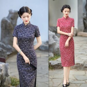 Retro Chinese Style Stretch Short Sleeve Robe Qi Pao Summer New Improved Mom Wear plus Size Cheongsam