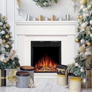 Wooden Surround Firebox,TV Stand with Freestanding Electric Fireplace,Remote Control,Adjustable Led Flame,750W/1500W Pearl White