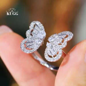 KUGG 100% 18K White Gold Rings 0.90carat Real Natural Diamond Engagement Ring Women Luxury Butterfly Shape High Party Jewelry