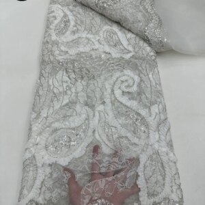 3D French White Flower Lace Fabric 2025 African Beaded Sequins Net Lace Fabric Nigerian Bridal Tulle Lace Wedding Dress Party