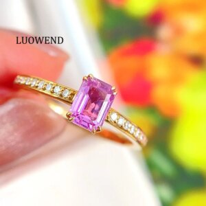 LUOWEND 100% 18K Yellow Gold Rings Shiny Diamond Natural Padparadscha Sapphire Ring Fashion INS Style Wedding Jewelry for Women