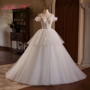 AnXin SH vintage princess white flower lace spaghetti strap ruffles party lace up ball gown bride customized evening dress