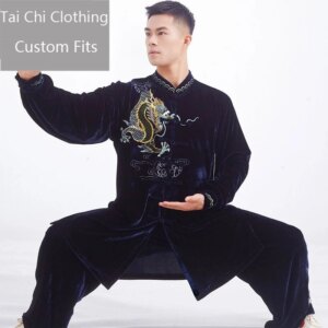 Dark Blue Velvet Tai Ji Suit New High-End Men’s Autumn and Winter Solong Tattoo Exercise Clothing