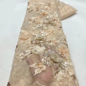 Latest African Sequins Lace Fabric 2024 High Quality Lace Embroidery Beaded Mesh Fabric 5 Yards For Women Wedding Party Dress
