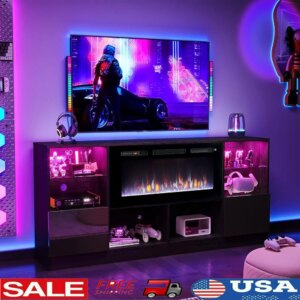 Electric Fireplace TV Stand 80″ TV Console Entertainment Center Large Storage with Adjustable Shelves Modern Design