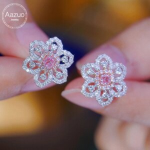 Aazuo 18K Solid White Gold Real Pink Diamonds White Diamonds Lovely Flower Stud Earring Gifted For Women Wedding Party Au750