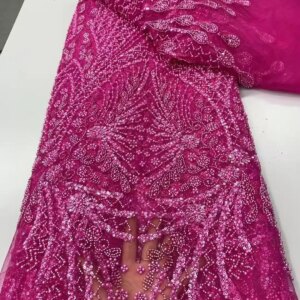 African Sequins Beaded Lace Fabrics 5 yards High Quality Sequence Embroidery French Nigerian Lace Fabric For Wedding Sewing