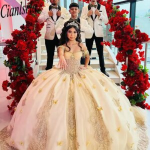 Gold Off The Shoulder Beading Tassel Quinceanera Dresses Ball Gown 3D Butterfly Appliques Lace Sweet 15 Años Mexican Customized