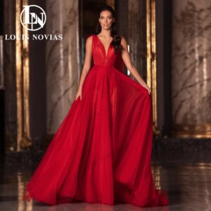 LOUIS NOVIAS Red Evening Dresses Sexy Women Elegant Deep V-Neck Backless Ribbons Party Dresses Floor-Length Vestidos De Noche
