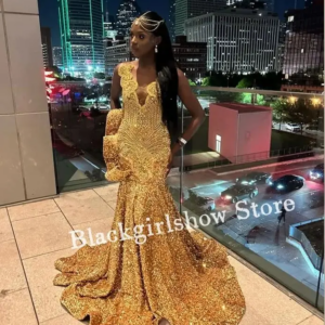 Sparkling Gold Diamante Mermaid Prom Dress Luxury Crystal Beaded With Side Train Black Girl Queen Red Carpet Customized Gowns