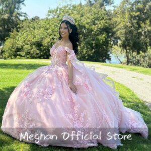Mexico Pink Off The Shoulder Quinceanera Dress Ball Gown Bead Appliques Women Dresses With Cape Party Dress Sweet 15 Customized