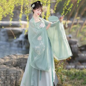 New Hanfu woman ancient Chinese style double layer big sleeve shirt waist length full set clothing