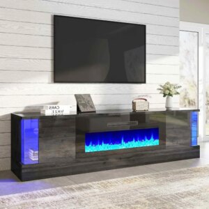 70″ Glossy Oak Fireplace TV Stand with 36″ Fireplace for TVs up to 80″, LED Lights Entertainment Center with Flip Doors & Corne