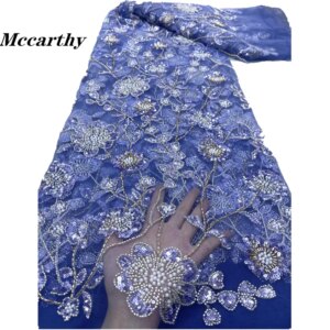 African Heavy Beaded Lace Fabric, Nigerian Sequins Tulle, 3D Fabric Material for Wedding, High Quality, 2024, 5 Yards, JY56225