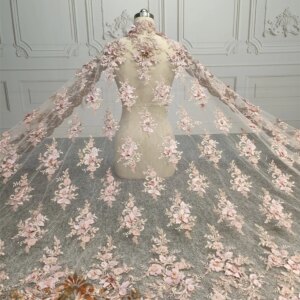 Pink Delicate 3d Flowers With Handbead Lace Floral Embroidered Fabric Wedding Dress Tassel Lace Fabric