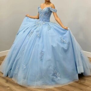 Customized Sky Blue Quinceanera Dresses Applique Lace Off Shoulder Birthday Party Mexican Girls Prom Gown Vestidos de 15 años